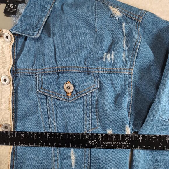 Spoon Jeans Cropped Denim Distressed Jean Jacket Size LARGE Blue White Buttons - Picture 3 of 6